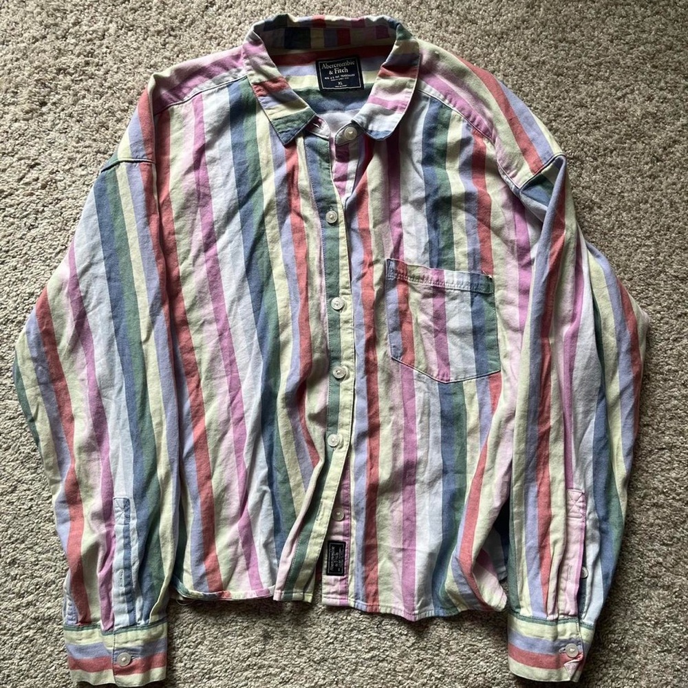 Multicoloured pastel rainbow vertical striped button up shirt